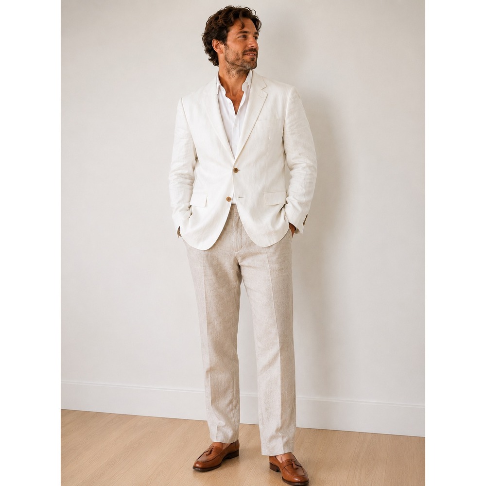 Alan Flusser 100% Linen Blazer Mens 44R Two Button Dress Jacket Beige Sport Coat